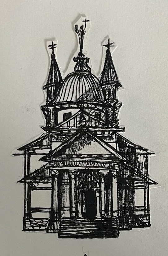 Atmospheric ink sketch of a European domed church featuring intricate cross-hatching and masonry detail.